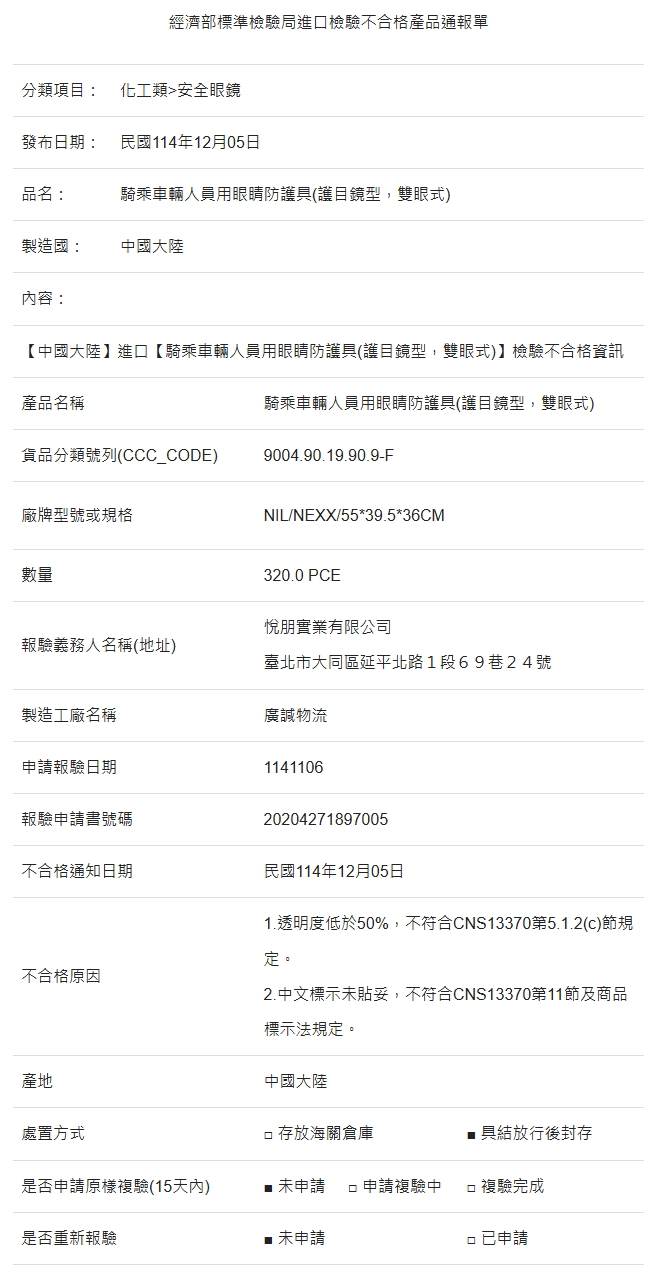 標檢局檢驗不合格進口名單【扣具材質/透光率/標示】7243|小老婆汽機車資訊網