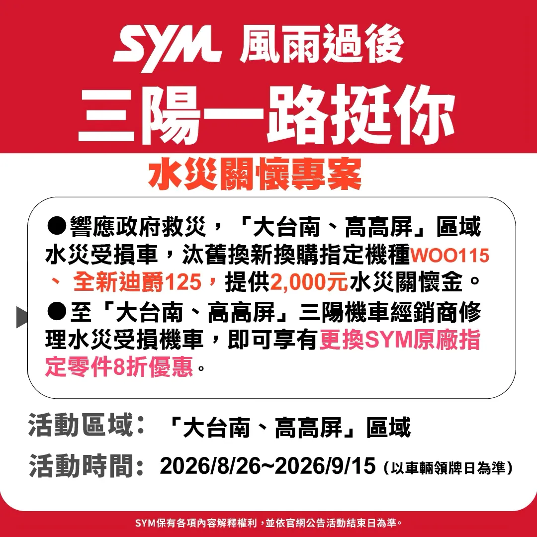 SYM 三陽機車啟動「水災關懷換購補助金」 新購車、換零件享折扣 ...